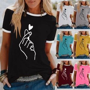 Women Finger Heart Print T-Shirt Casual Short Sleeve Round Neck Contrast Ringer Tee Cotton Blend Summer Loose Fit Top