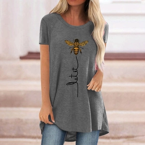 T-shirt long gris pour femme avec imprimé abeille et let it be style décontracté