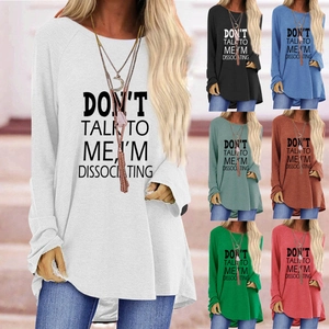 T-Shirt Décontracté en Mélange de Coton pour Femmes Imprimé Slogan Ample Manches Longues Col Rond Streetwear Mode Top