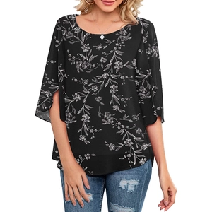 Detail view of floral print chiffon blouse with stylish split flare sleeves and scoop neck
