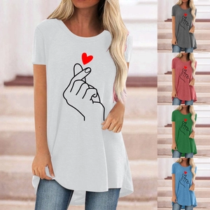 Women Casual Cotton Blend T-Shirt Finger Heart Print Short Sleeve Round Neck Loose Fit Mid-Length Top Streetwear
