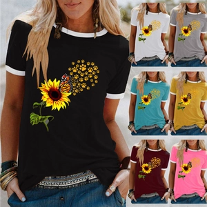 Maglietta Ringer da Donna con Stampa Girasole e Farfalla Casual Girocollo Manica Corta in Misto Cotone Loose Fit