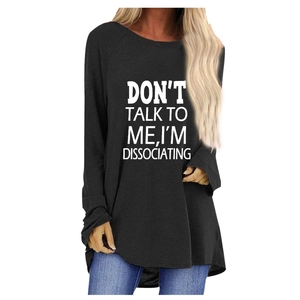 T-shirt noir ample à manches longues avec imprimé lettres et col rond pour femme