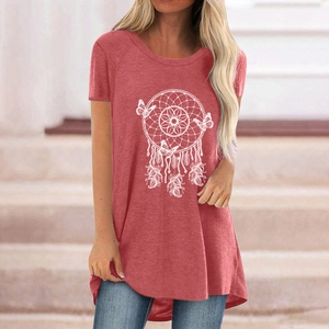 Women's coral red short sleeve T-shirt featuring a white dreamcatcher and butterfly print