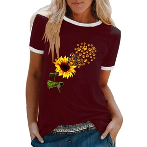 T-shirt bordeaux da donna con stampa girasole e bordi bianchi a contrasto estiva
