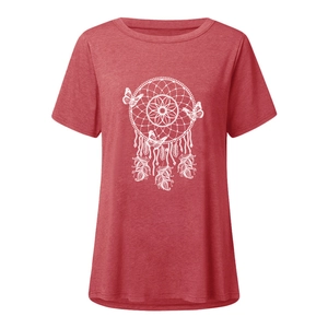 Detail of red crew neck t-shirt with white dreamcatcher and butterfly print