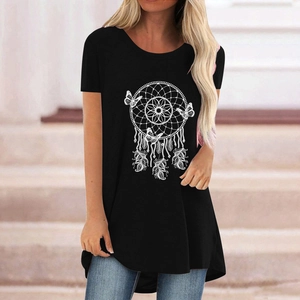 Detail of black mid-length T-shirt featuring a white dreamcatcher with butterfly and feathers
