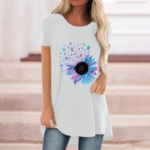 Women's white crewneck t-shirt with creative sunflower puzzle print and casual loose fit