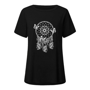 Detailed view of bohemian butterfly and dreamcatcher print on black cotton t-shirt