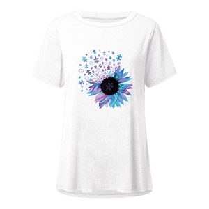 Detailed view of women's white cotton T-shirt featuring artistic gradient sunflower print