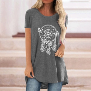Detail of grey longline t-shirt featuring dreamcatcher and butterfly print on casual cotton fabric
