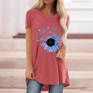 Women's coral sunflower print t-shirt featuring a casual crew neck and short sleeves