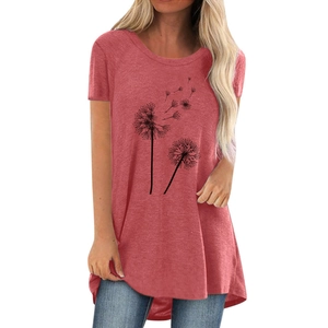 T-shirt femme avec imprimé pissenlit en rouge brique, coupe ample mi-longue à col rond