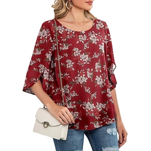 Women's elegant floral chiffon blouse in dark red with loose 3/4 sleeves and round neck