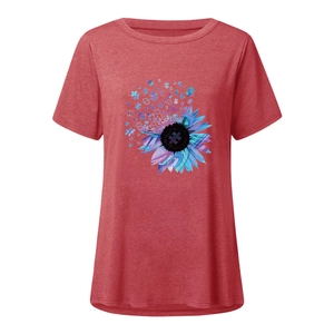 Close-up of colorful sunflower puzzle print on heather red short sleeve T-shirt