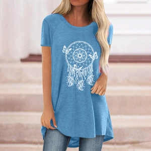 Women's light blue butterfly dreamcatcher print short sleeve t-shirt and casual top