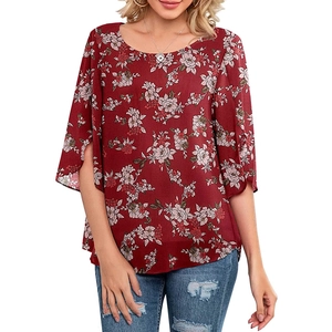 Detailed view of the dark red floral chiffon top featuring 3/4 split ruffle sleeves