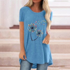 Detail of light blue dandelion print T-shirt with curved high-low hem for women