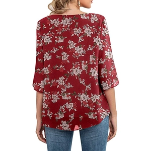 Rear view of women's deep red floral blouse with 3/4 sleeves and elegant round neck