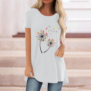 Close-up of creative cocktail dandelion print on white cotton crewneck t-shirt