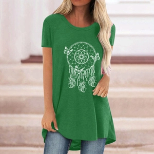 Deep green loose-fit tunic T-shirt for women featuring a white dreamcatcher print