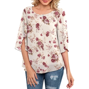 Women's elegant floral blouse with 3/4 split sleeves and scoop neck in cream ivory print