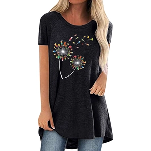 Women's dark gray loose T-shirt with creative dandelion drink print and round neck