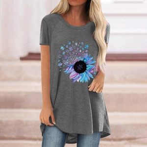 Detail of sunflower puzzle print on grey crew neck t-shirt with soft fabric texture