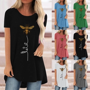 T-Shirt Décontracté pour Femmes Impression Abeille Let It Be Mélange de Coton Col Rond Manches Courtes Mi-Long Top Été