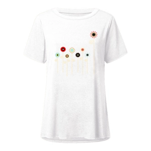 Detail of colorful abstract floral print on a white short-sleeve cotton crew neck t-shirt