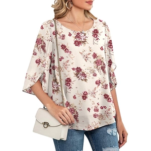 Detail view of the floral print pattern and split bell sleeves on a casual women top