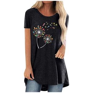 Detail of grey short sleeve tee with colorful dandelion cocktail print and round neck