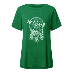 Close-up of a green t-shirt showing dreamcatcher print and fabric texture details