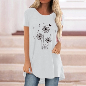Women's white dandelion butterfly print short sleeve tunic top with relaxed fit