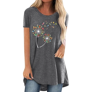 Women's dark gray longline T-shirt with creative dandelion cocktail glass print