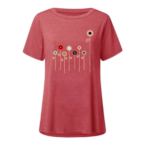 Detail of brick red casual T-shirt featuring minimalist colorful floral art print and crew neck