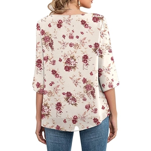 Detailed back view of casual floral print blouse with 3/4 sleeves and clean scoop neckline