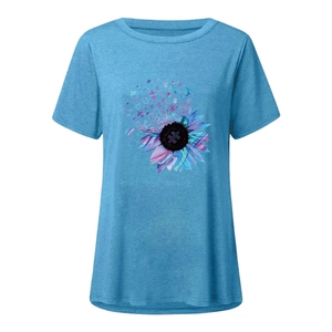 Close-up of artistic sunflower puzzle print on blue short sleeve T-shirt for women