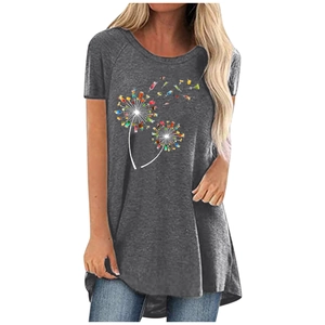 Close-up of dandelion print with colorful cocktail glasses on a grey short sleeve T-shirt