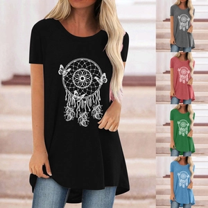 Women's Casual Dreamcatcher Butterfly Print Longline T-Shirt Loose Round Neck Short Sleeve Cotton Blend Summer Top