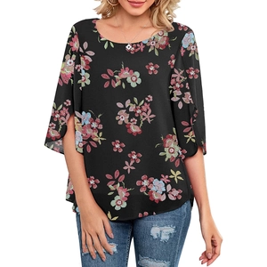 Detail of floral print chiffon top featuring split half sleeves and a round neckline