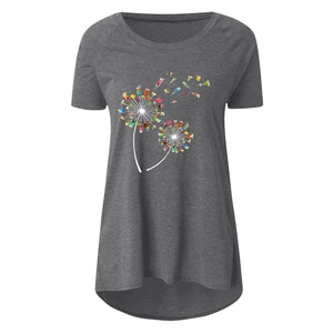 Detail of charcoal grey T-shirt with high-low hem and colorful cocktail dandelion print