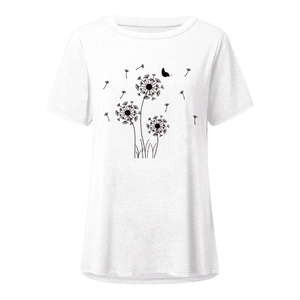 Detail of dandelion and butterfly print on white cotton crew neck casual t-shirt