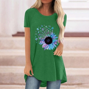 Women's green sunflower puzzle print t-shirt featuring a casual crew neck and long fit