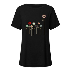 Close-up of a black crew neck T-shirt with colorful geometric floral print and smooth cotton texture