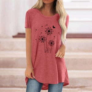 Detail of brick red women's t-shirt showing black dandelion and butterfly prints