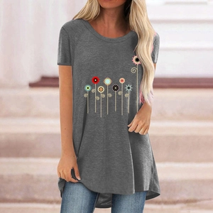 Detail of colorful abstract floral print on a grey casual short sleeve T-shirt for women