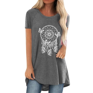 Women's butterfly and dreamcatcher print t-shirt in grey with high-low curved hemline