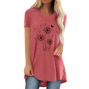 Women's rose red crewneck T-shirt featuring a black dandelion print and curved hem