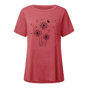 Close-up of dandelion and butterfly print on red cotton round neck short sleeve T-shirt